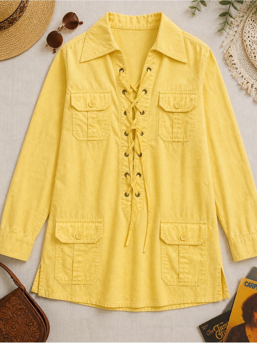 *Vintage late 60’s cotton, lemon yellow-  Lace-Up Shirt - front pockets